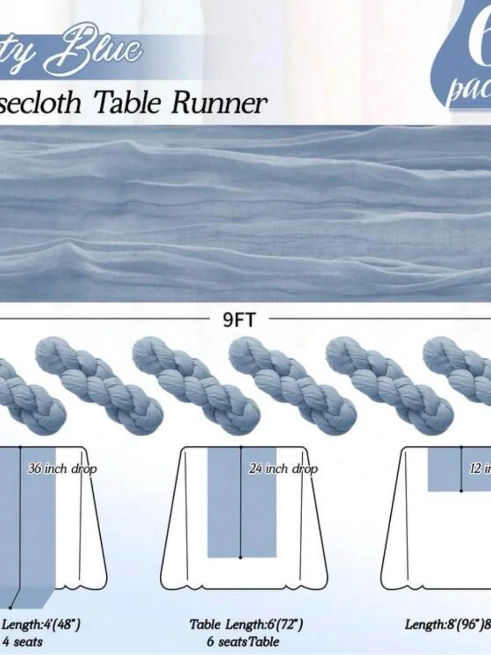 Lot of 12 cheesecloth table runners- dusty blue and sage green (9ft)